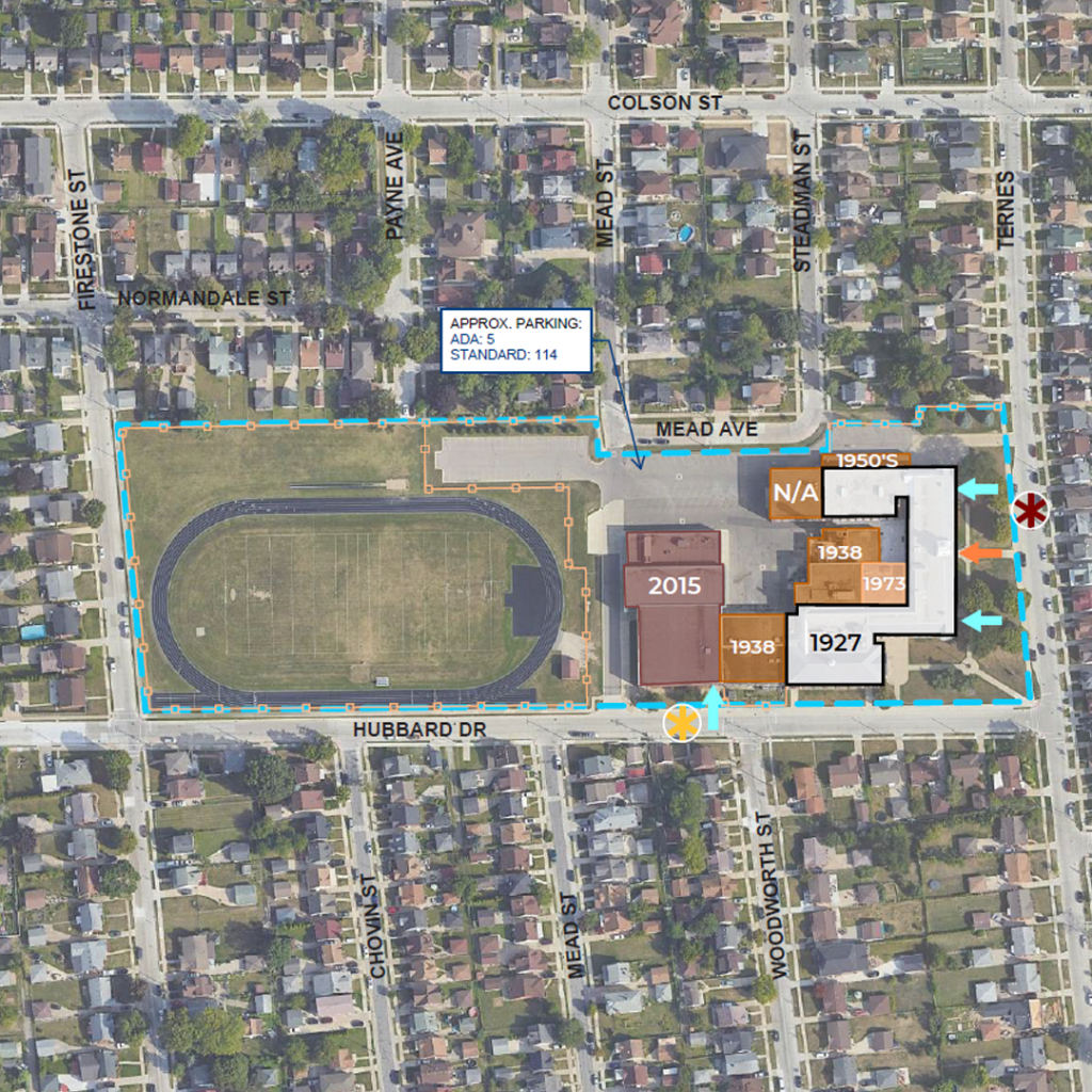 An illustration showing the different years different parts of Woodworth Middle School was constructed including 1927, 1938, 1950s, 1973, 2015 and unknown.